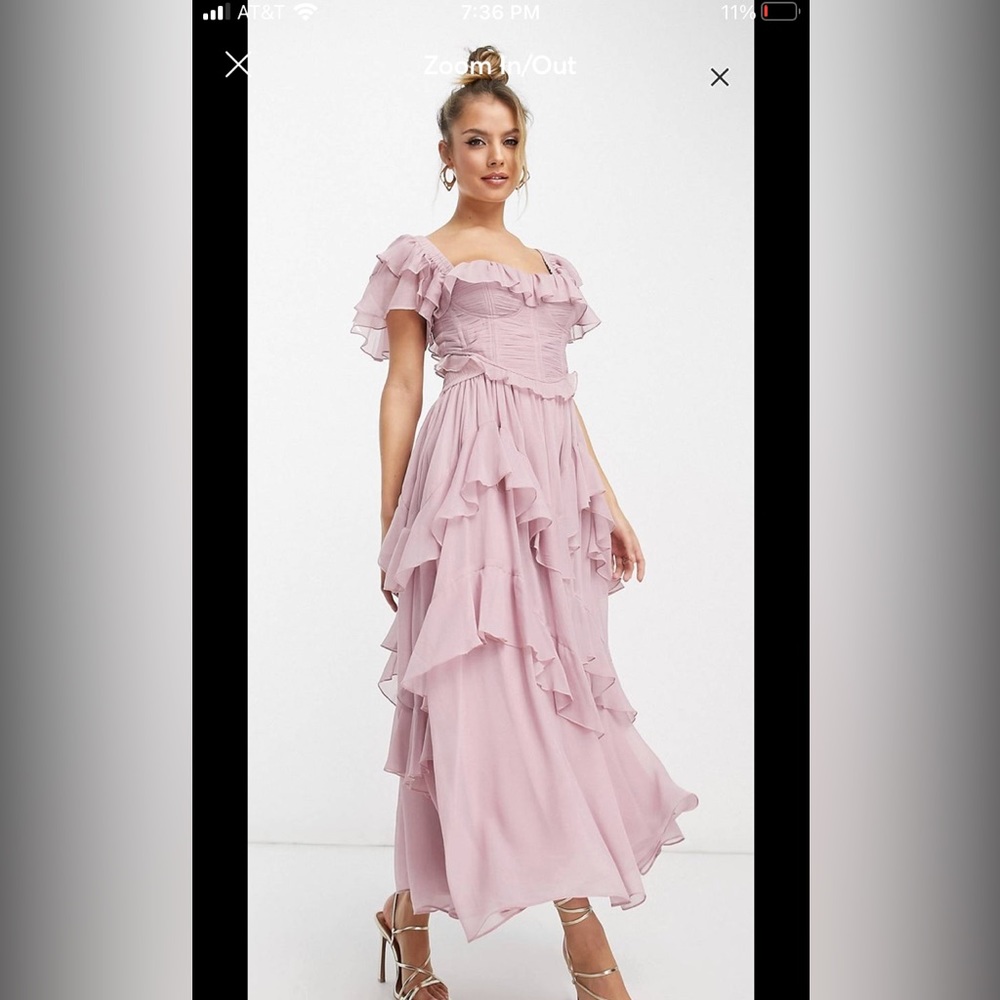 ASOS DESIGN flutter sleeve ruched corset detail tiered midi dress in mauve